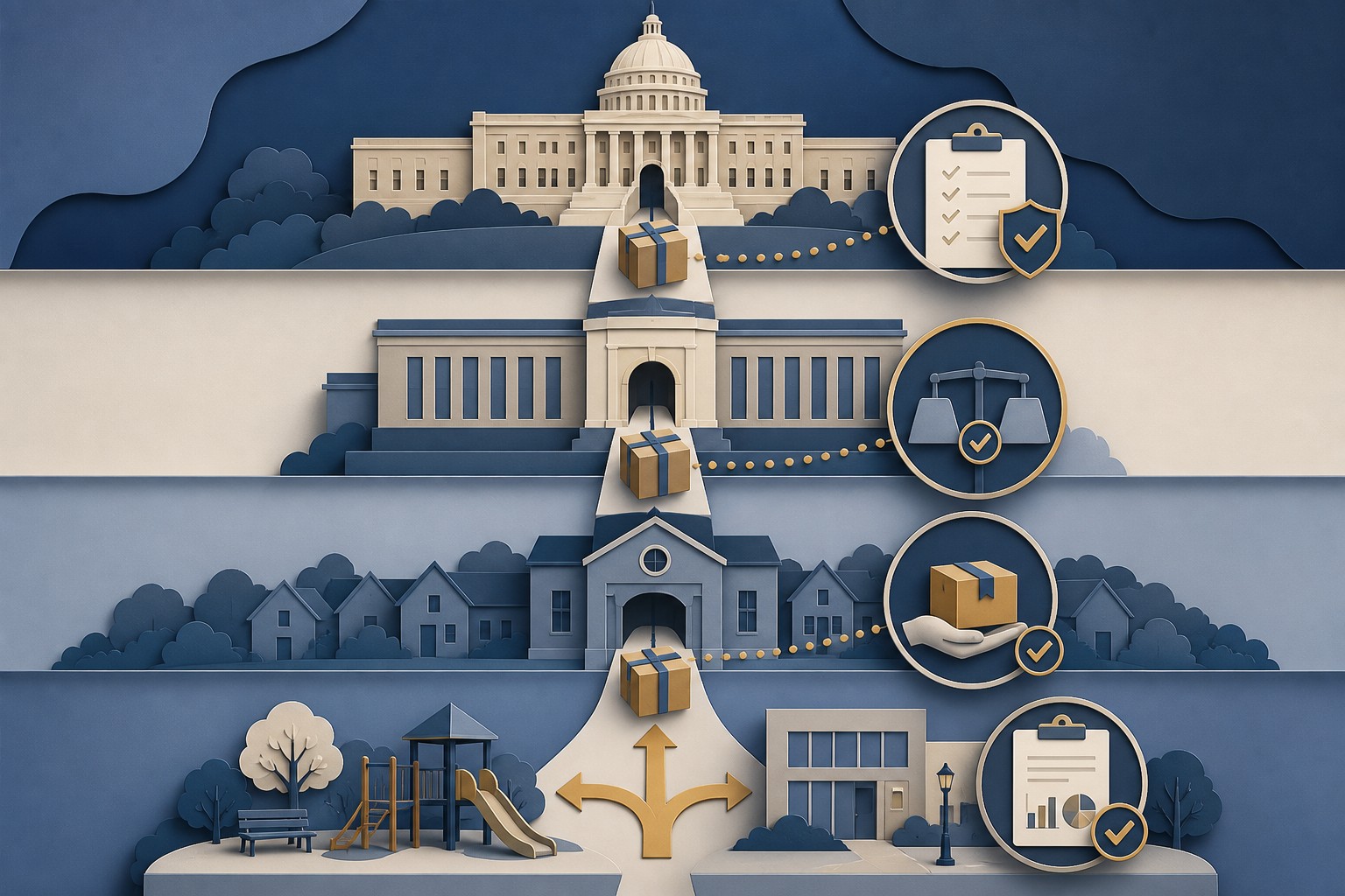 Conceptual layers of federal, state, and local institutions connected by a conditioned funding package and review checkpoints.