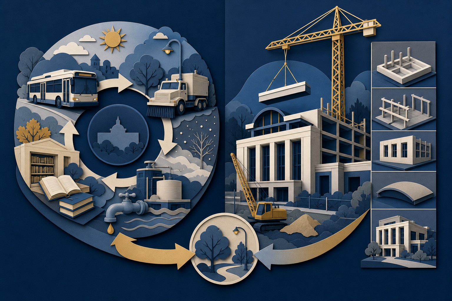 Split conceptual illustration of recurring public services and a long-lived infrastructure project connected by an annual budget cycle.